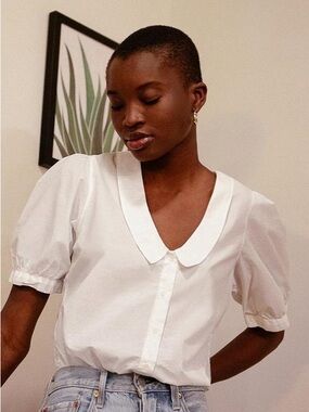 Nation LTD White Puff Sleeve Blouse with Rounded V Collar
